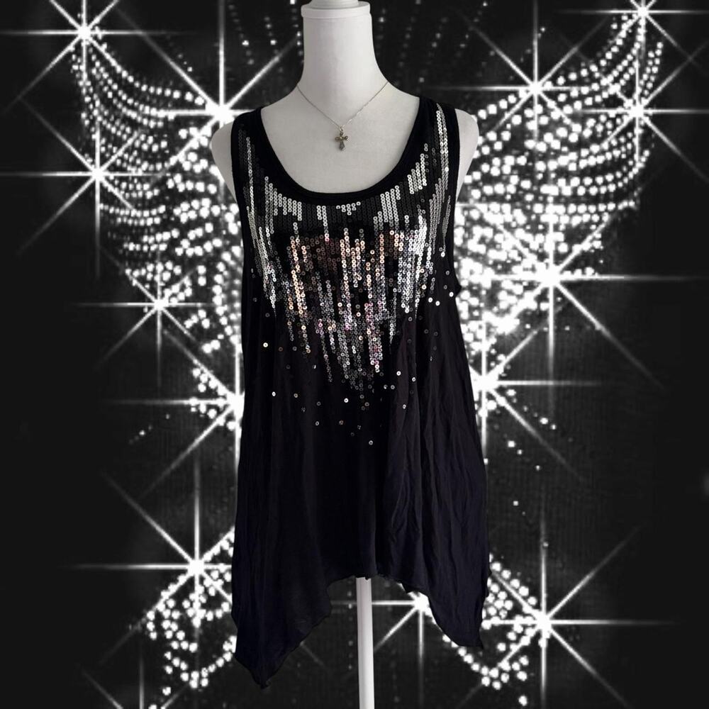 reflective sequin asymmetrical black sleeveless y2k glam tumblr tank top